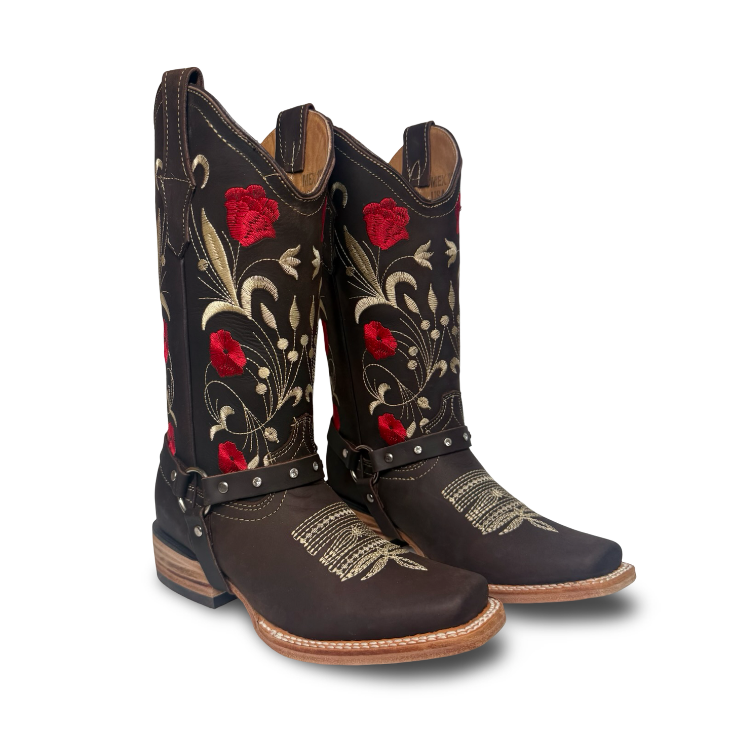 Cowgirl Boots Chocolate with Red Floral Details