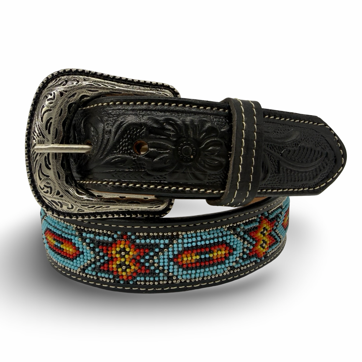 Artisan Tooled Leather Beaded Belt