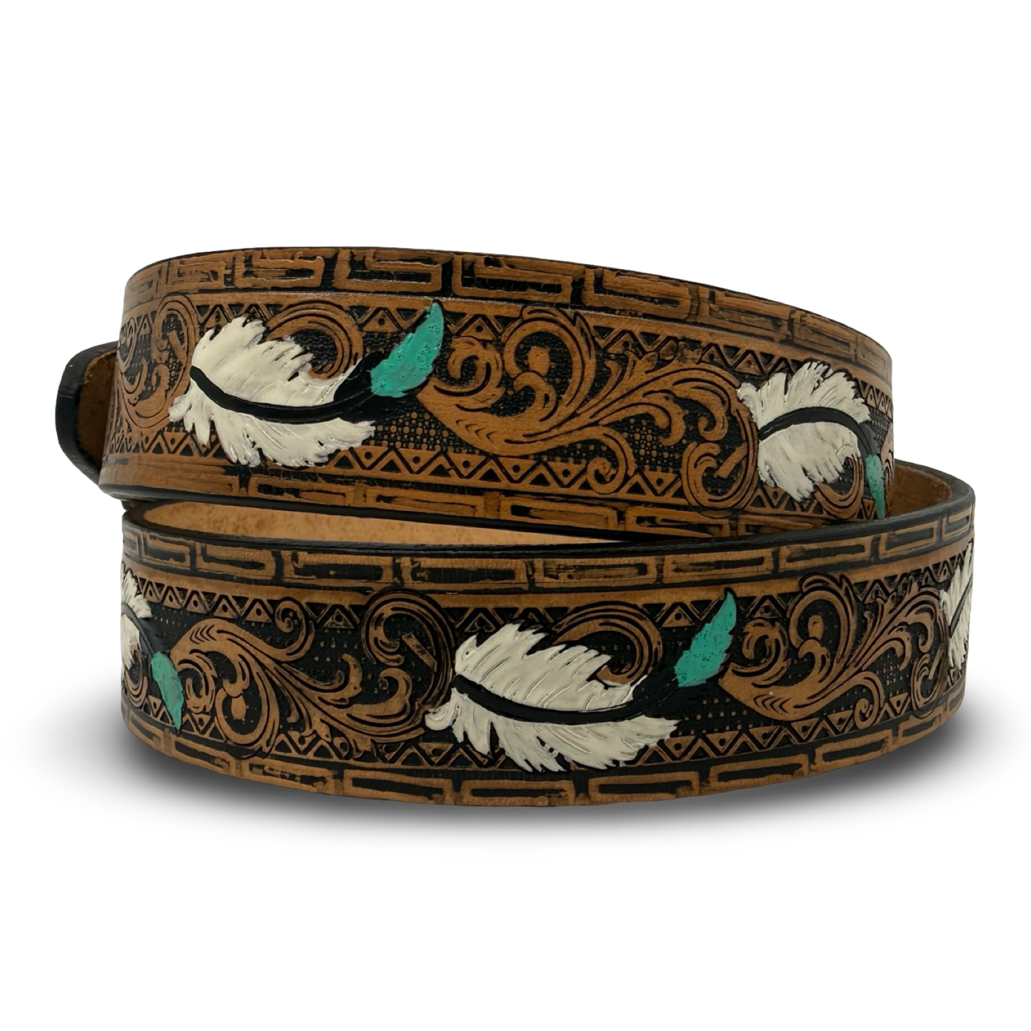 Handcrafted Tooled Belt Feather Detail