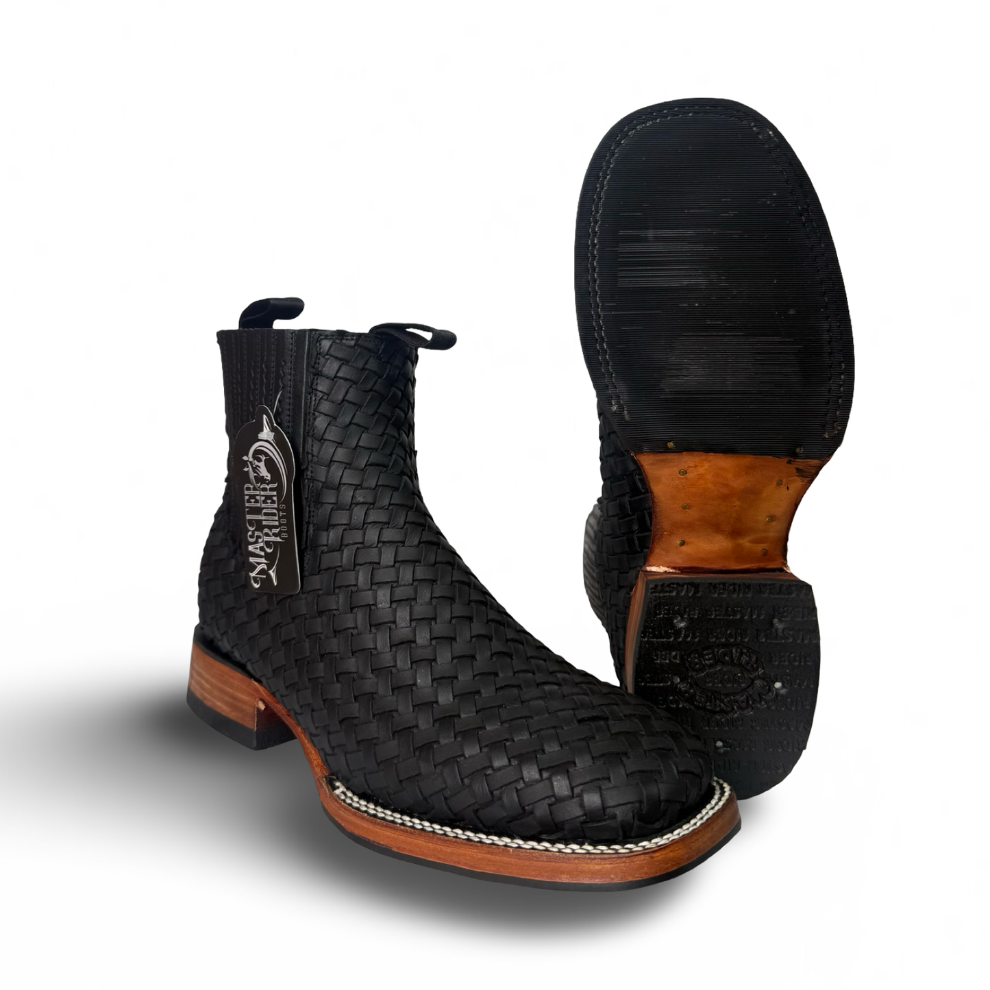 Master Rider Black Cowboy Woven Ankle Boots