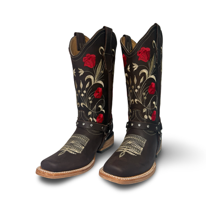 Cowgirl Boots Chocolate with Red Floral Details