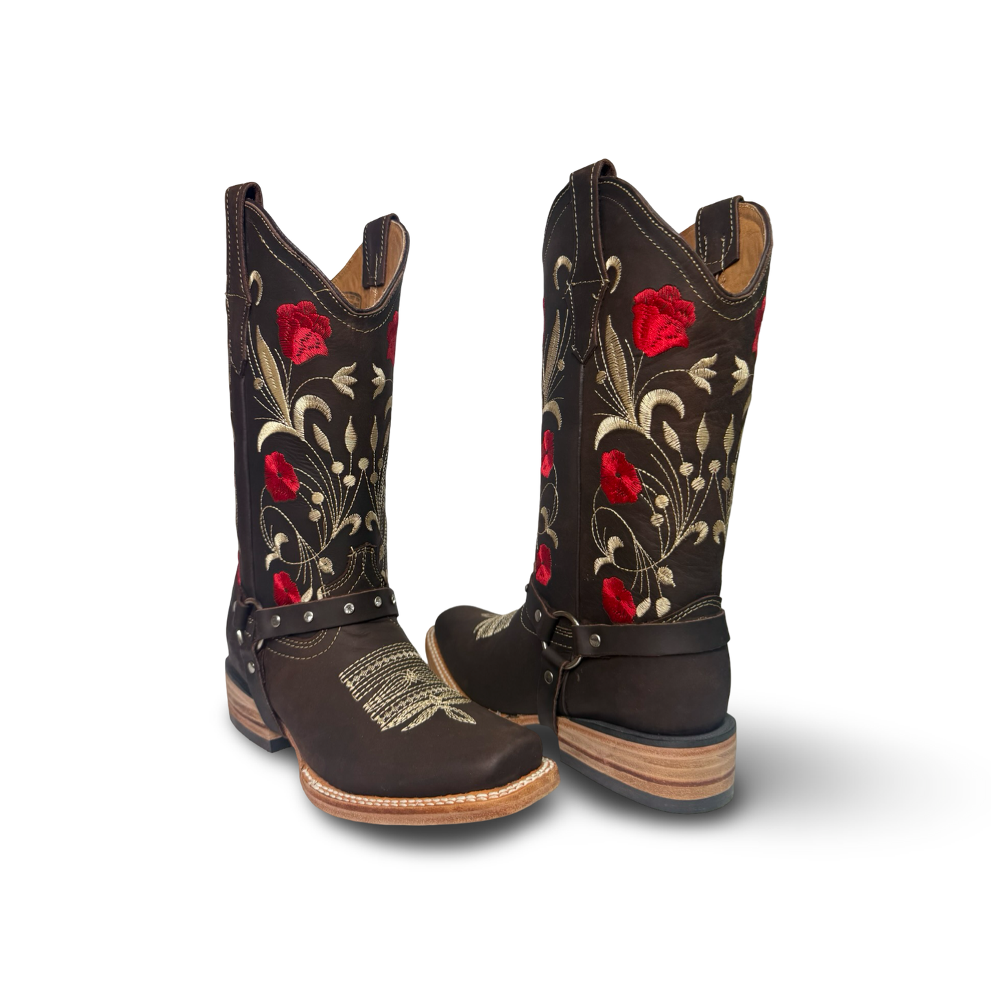 Cowgirl Boots Chocolate with Red Floral Details