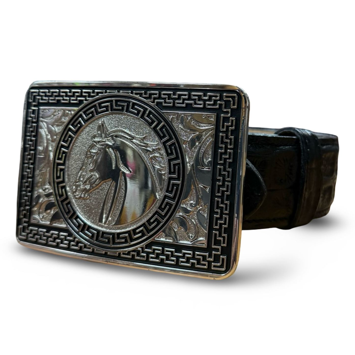 Black Croc Embossed Belt with Silver Western Buckle