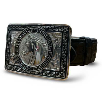 Black Croc Embossed Belt with Silver Western Buckle