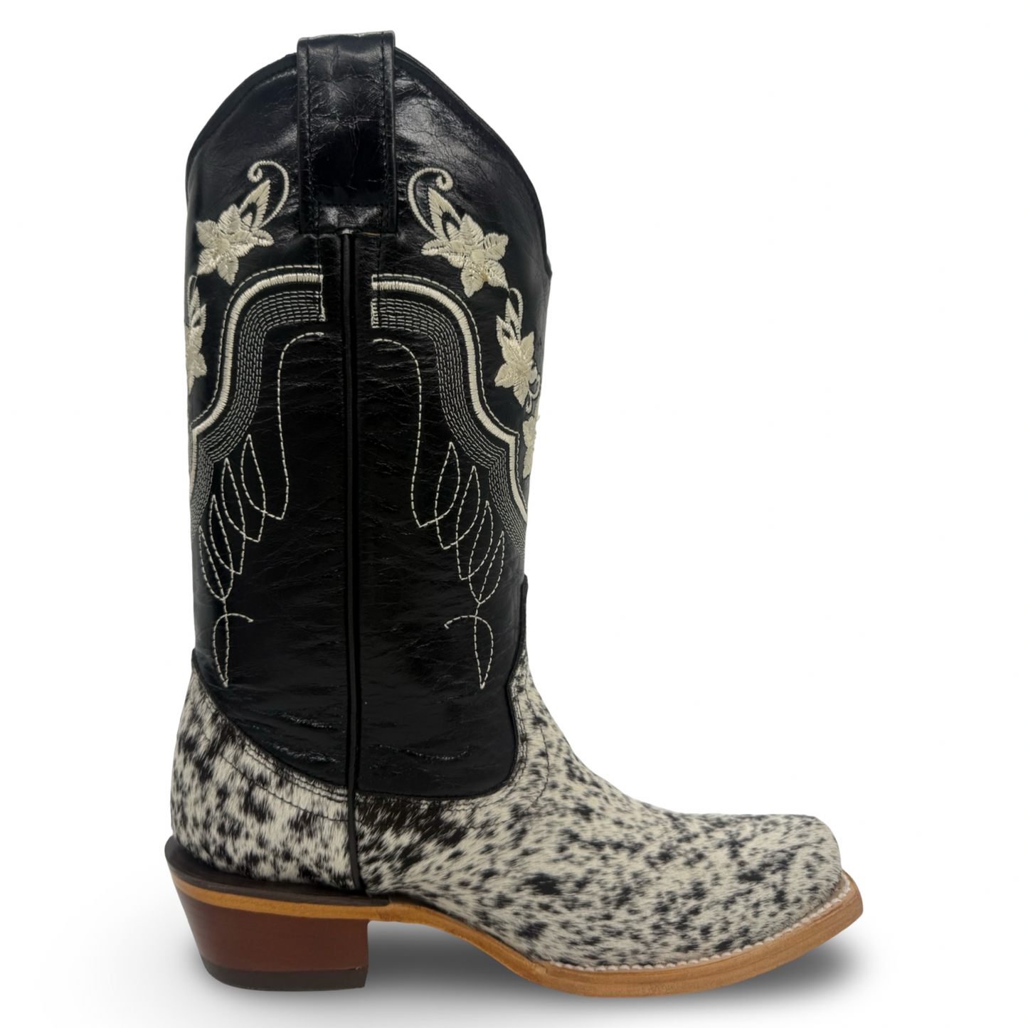 Ladies Cowhide Cowboy Boots with Embroidered Flowers