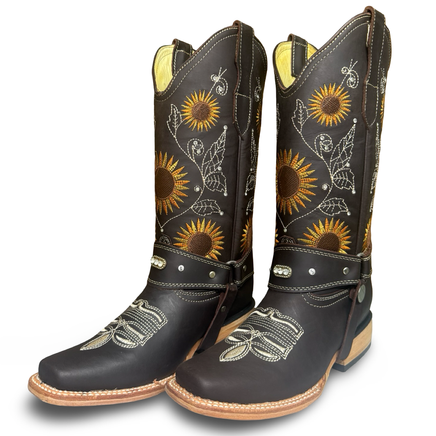 Montesino-Elegant Chocolate Western Boots with Sunflower Designs
