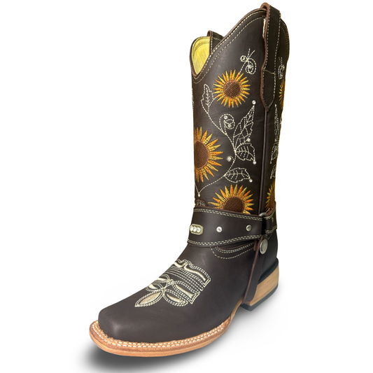 Montesino-Elegant Chocolate Western Boots with Sunflower Designs