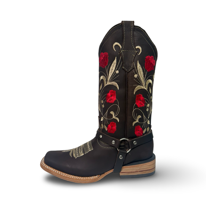 Cowgirl Boots Chocolate with Red Floral Details