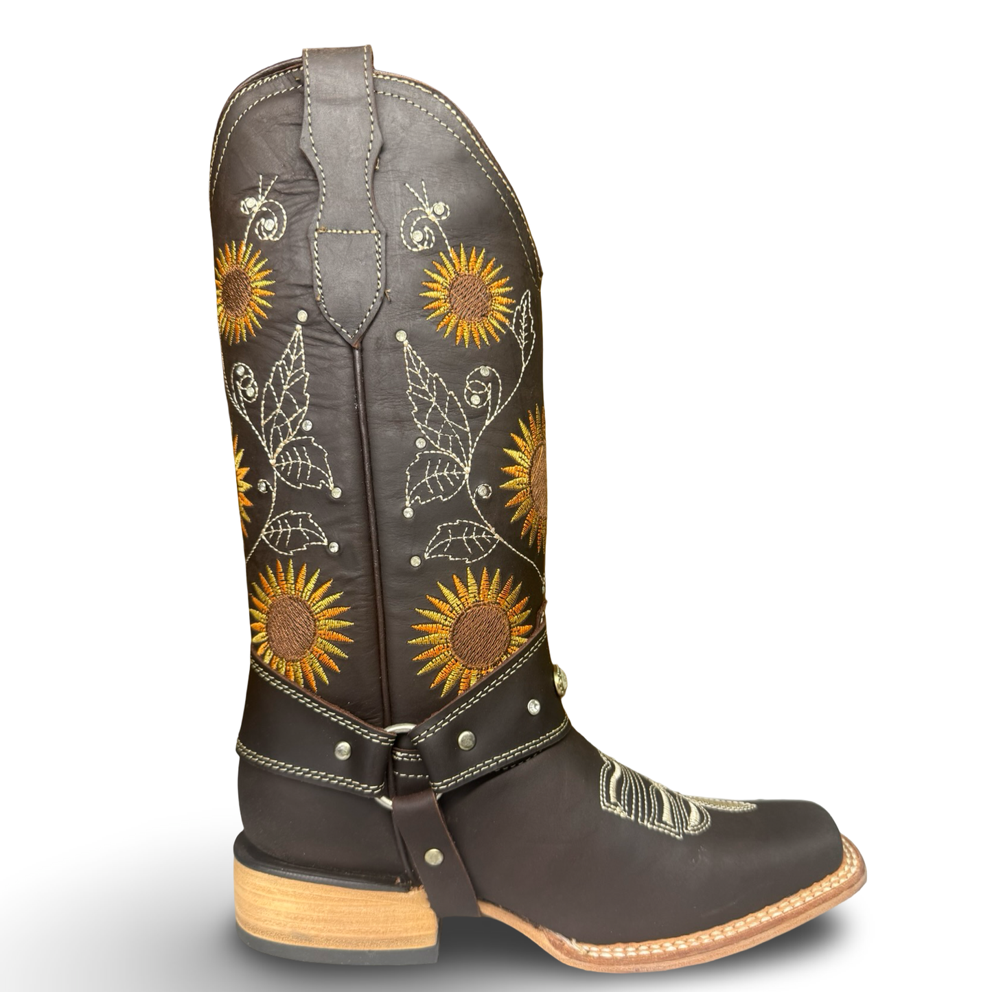 Montesino-Elegant Chocolate Western Boots with Sunflower Designs