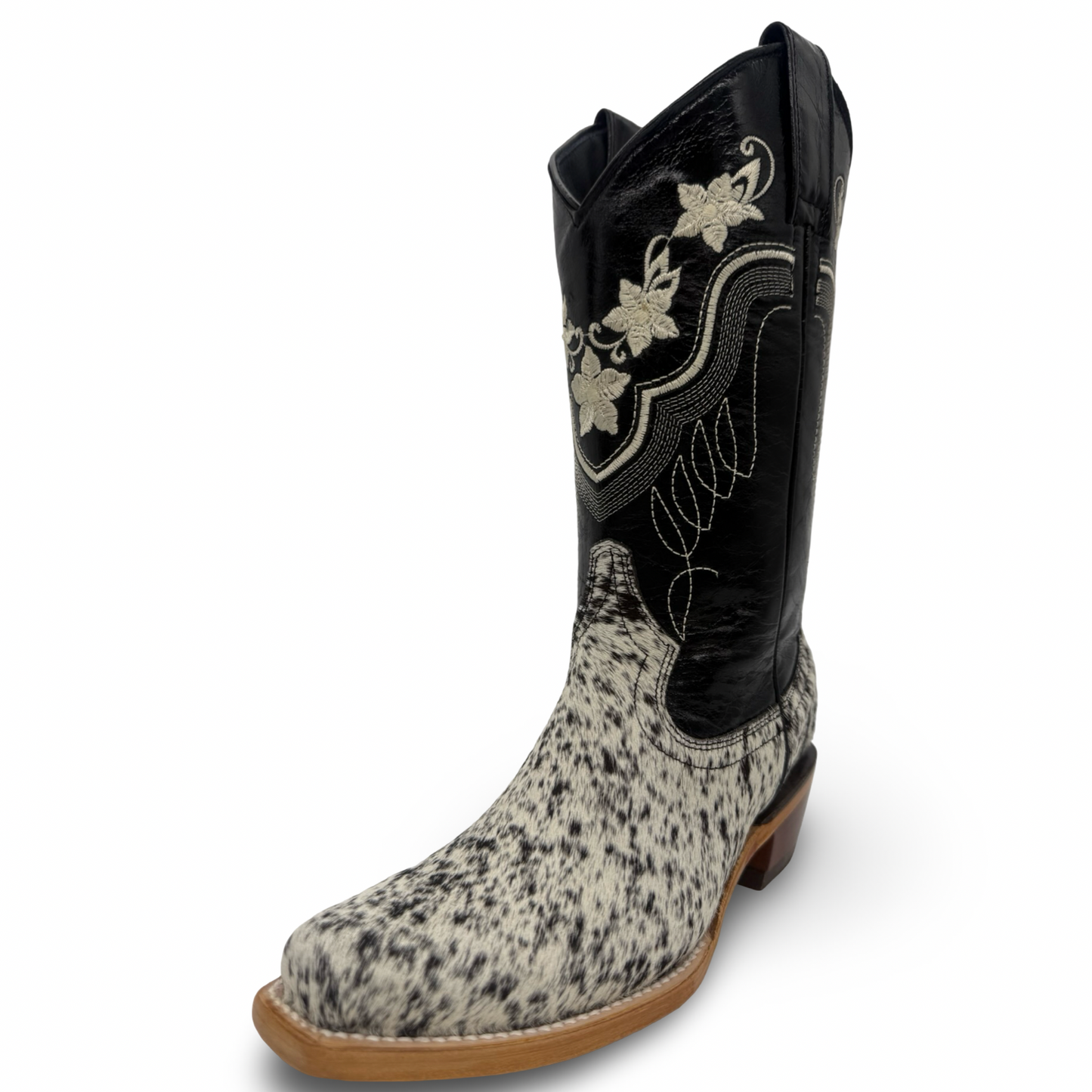 Ladies Cowhide Cowboy Boots with Embroidered Flowers