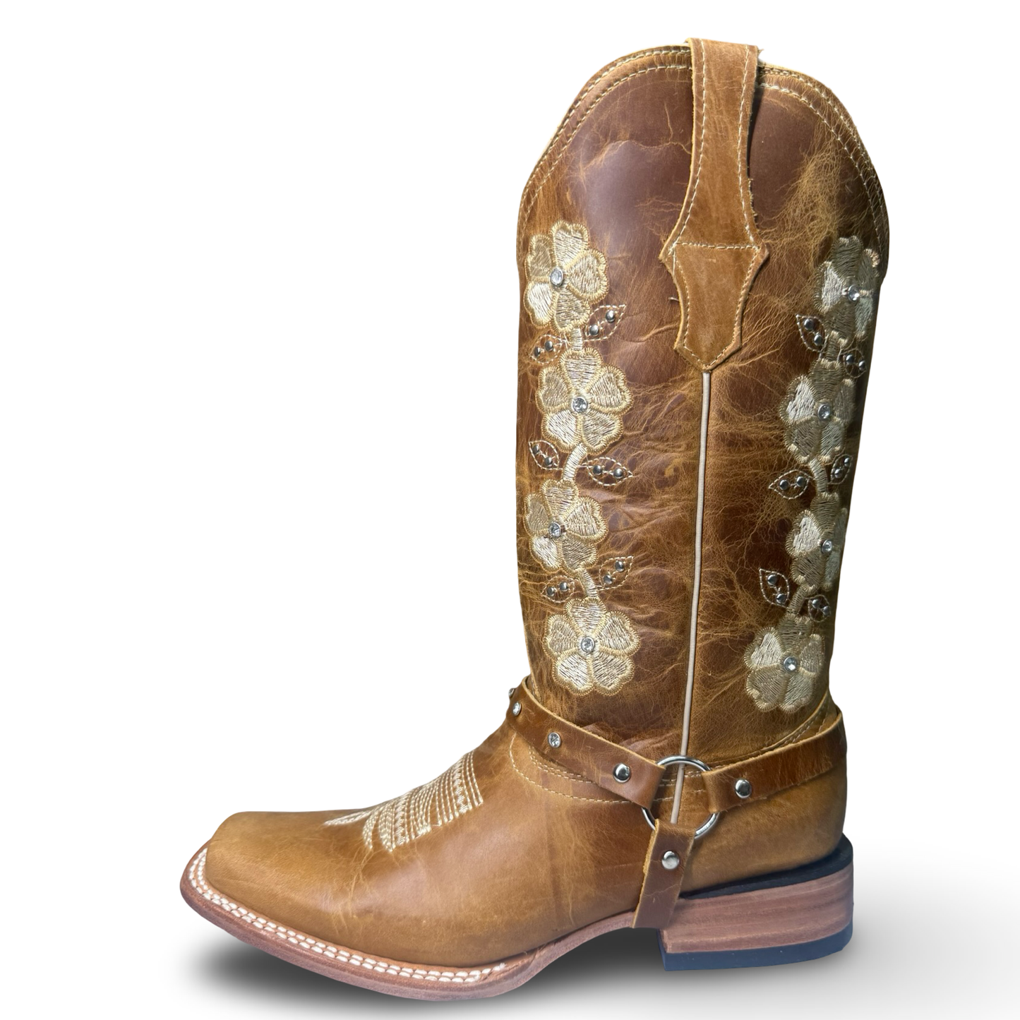 Montesino-Floral Western Boots in Honey Brown