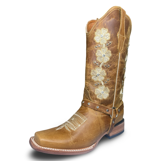Montesino-Floral Western Boots in Honey Brown