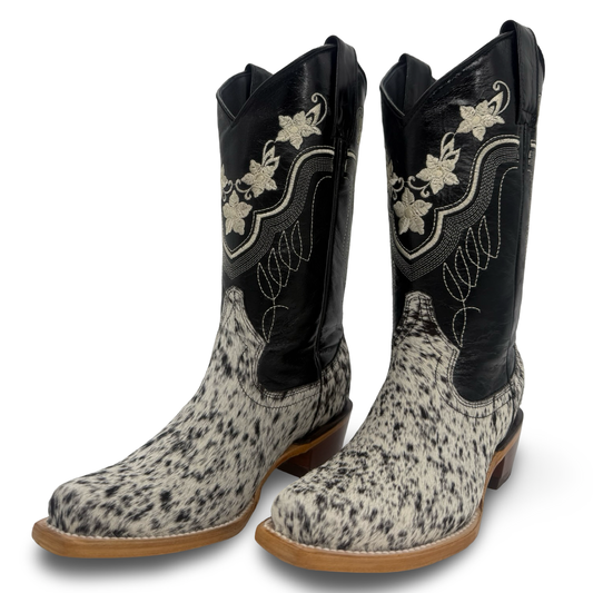 Ladies Cowhide Cowboy Boots with Embroidered Flowers