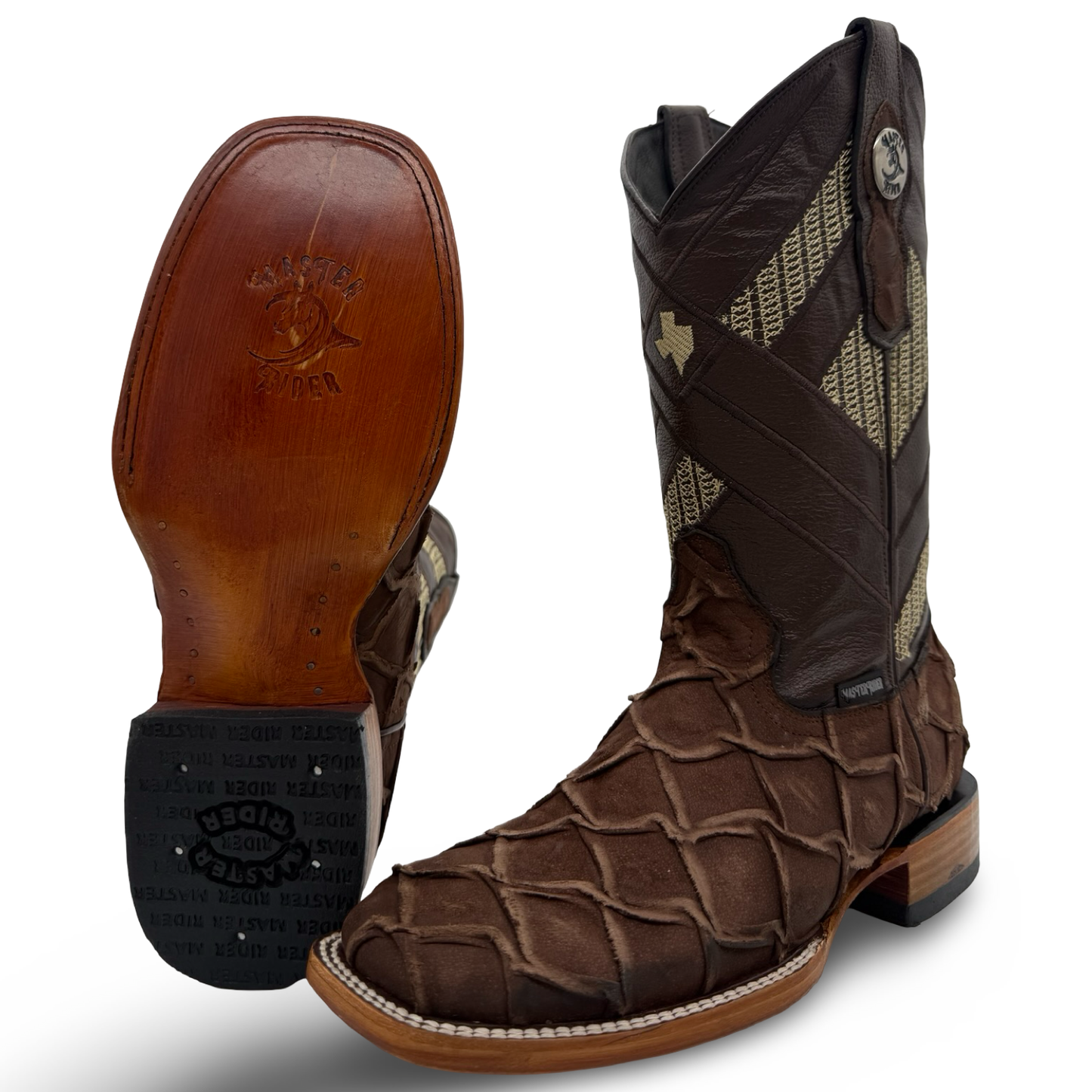 Master Rider Rustic Brown Western Boots Fish Skin Style
