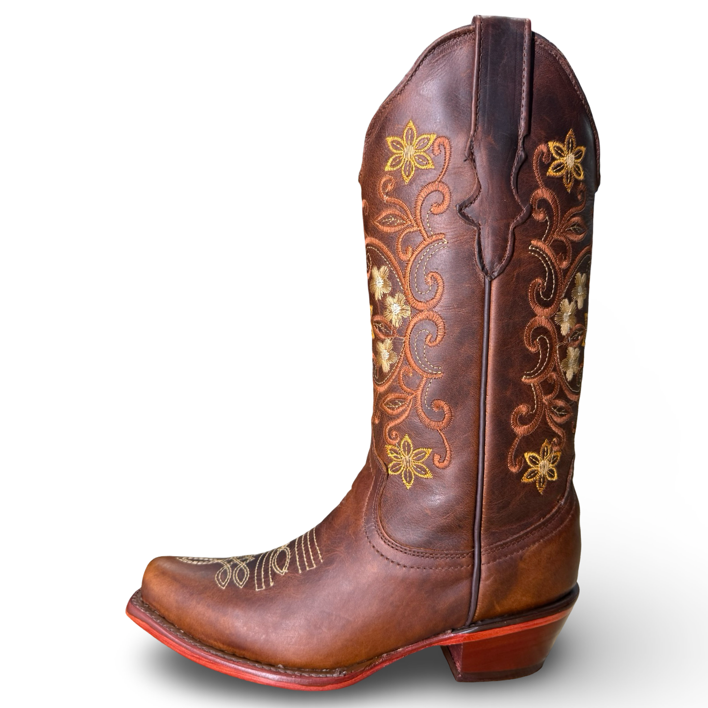Women’s Tobacco Western Boots with Embroidered Flowers