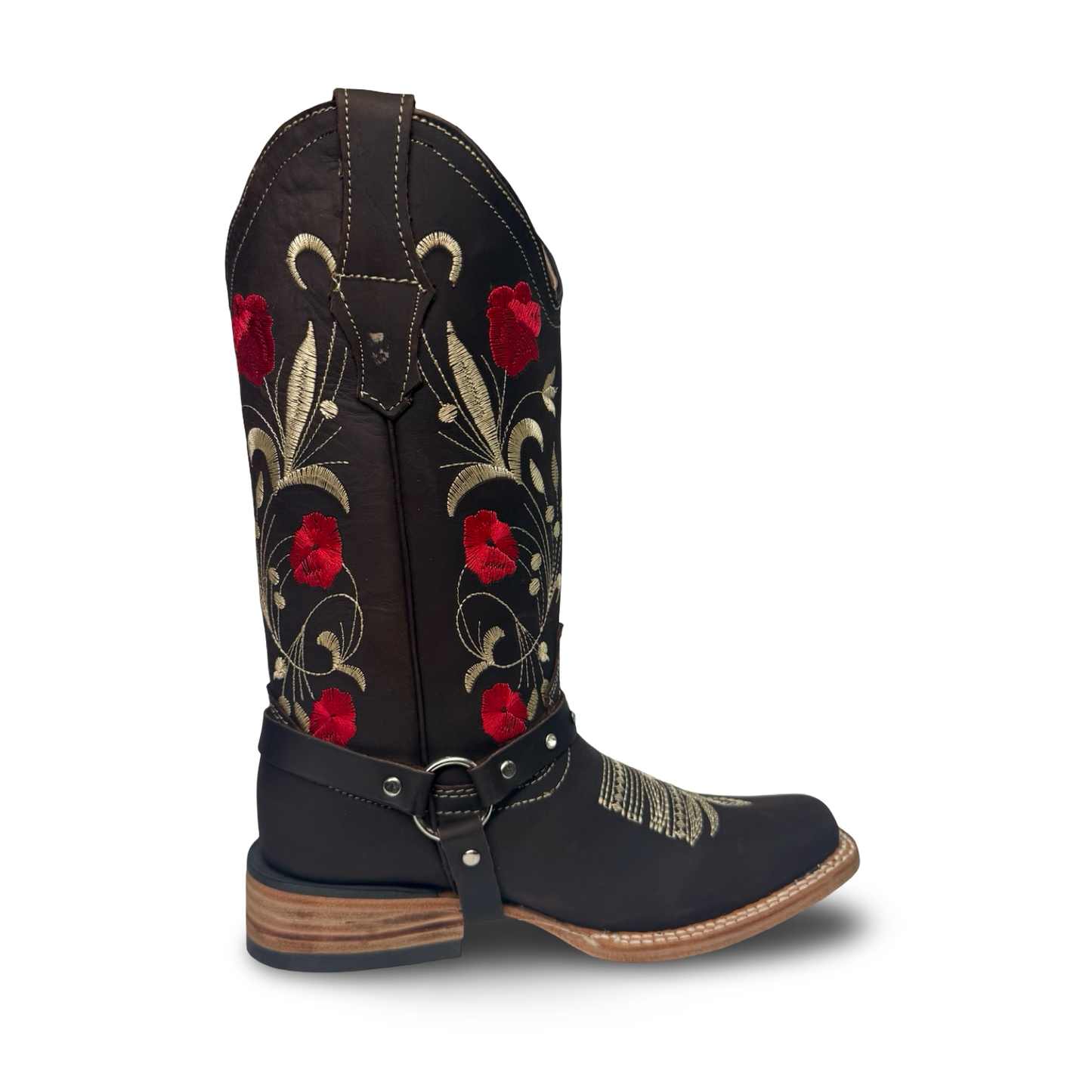 Cowgirl Boots Chocolate with Red Floral Details