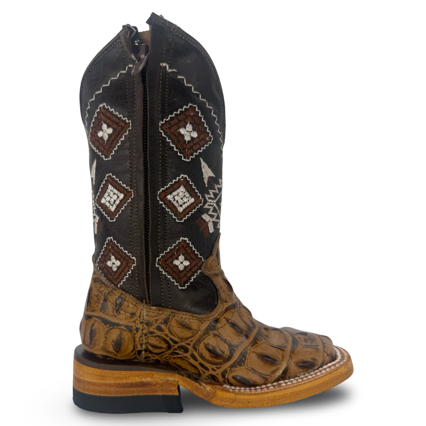 Kids Western Boots – Honey Color with Embossed Crocodile-Style Texture