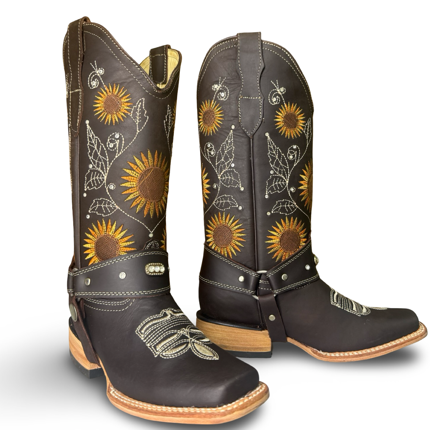 Montesino-Elegant Chocolate Western Boots with Sunflower Designs