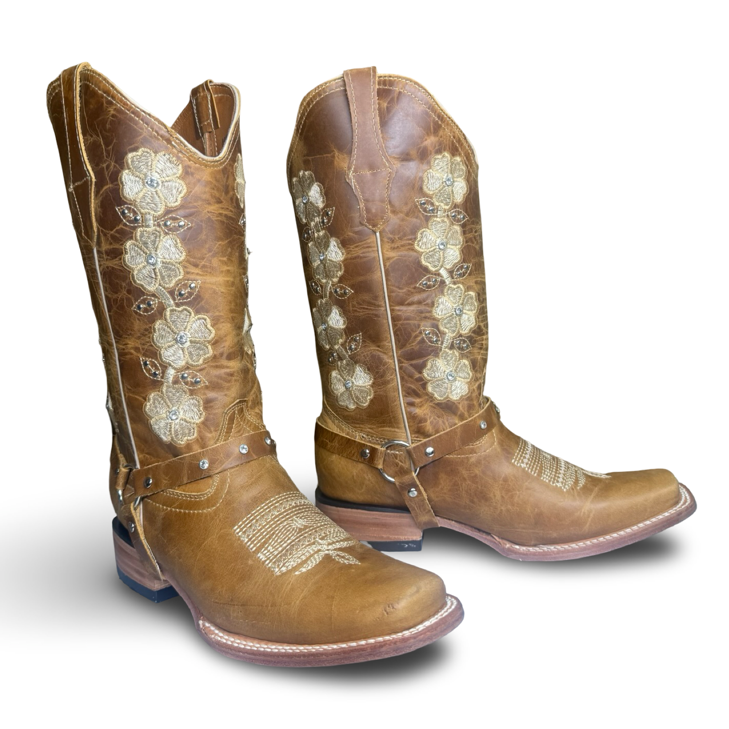 Montesino-Floral Western Boots in Honey Brown