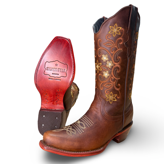 Women’s Tobacco Western Boots with Embroidered Flowers