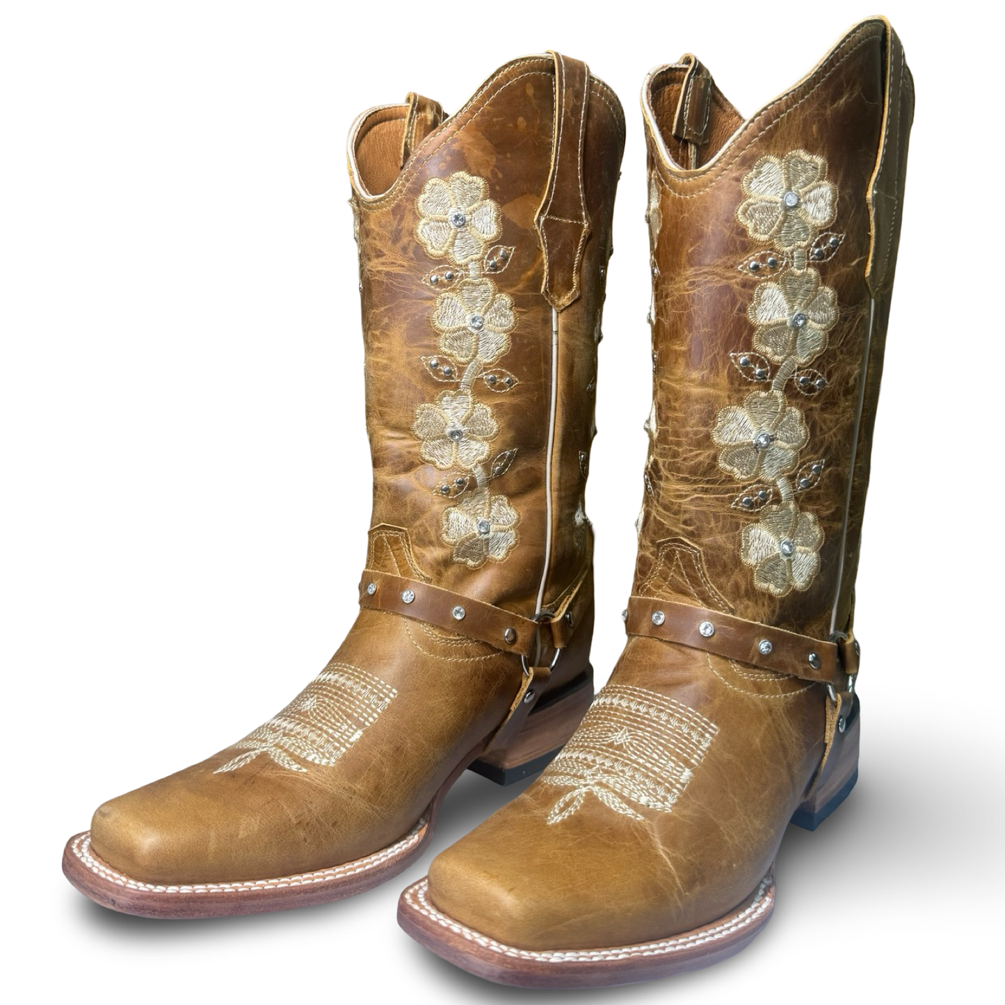Montesino-Floral Western Boots in Honey Brown