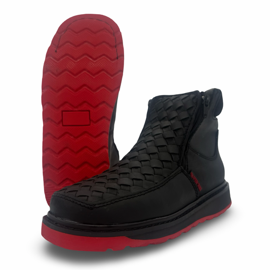 Black Woven Boot with Red Sole and Double Closure
