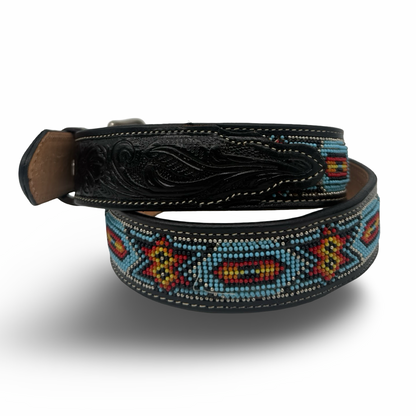 Artisan Tooled Leather Beaded Belt