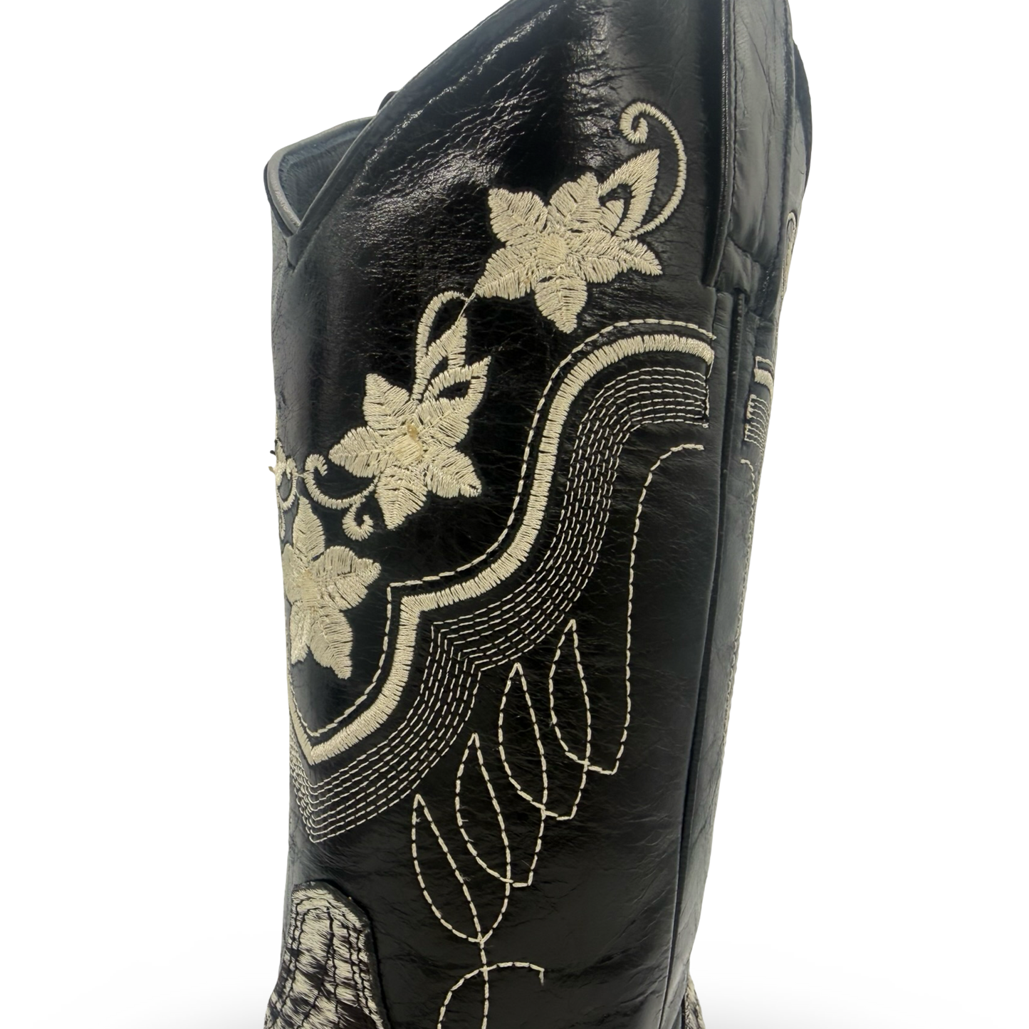 Ladies Cowhide Cowboy Boots with Embroidered Flowers