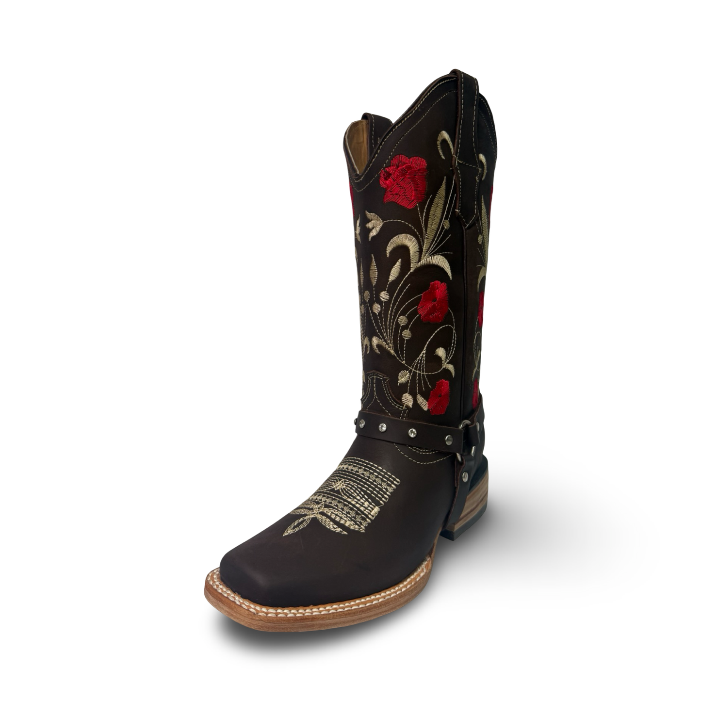 Cowgirl Boots Chocolate with Red Floral Details
