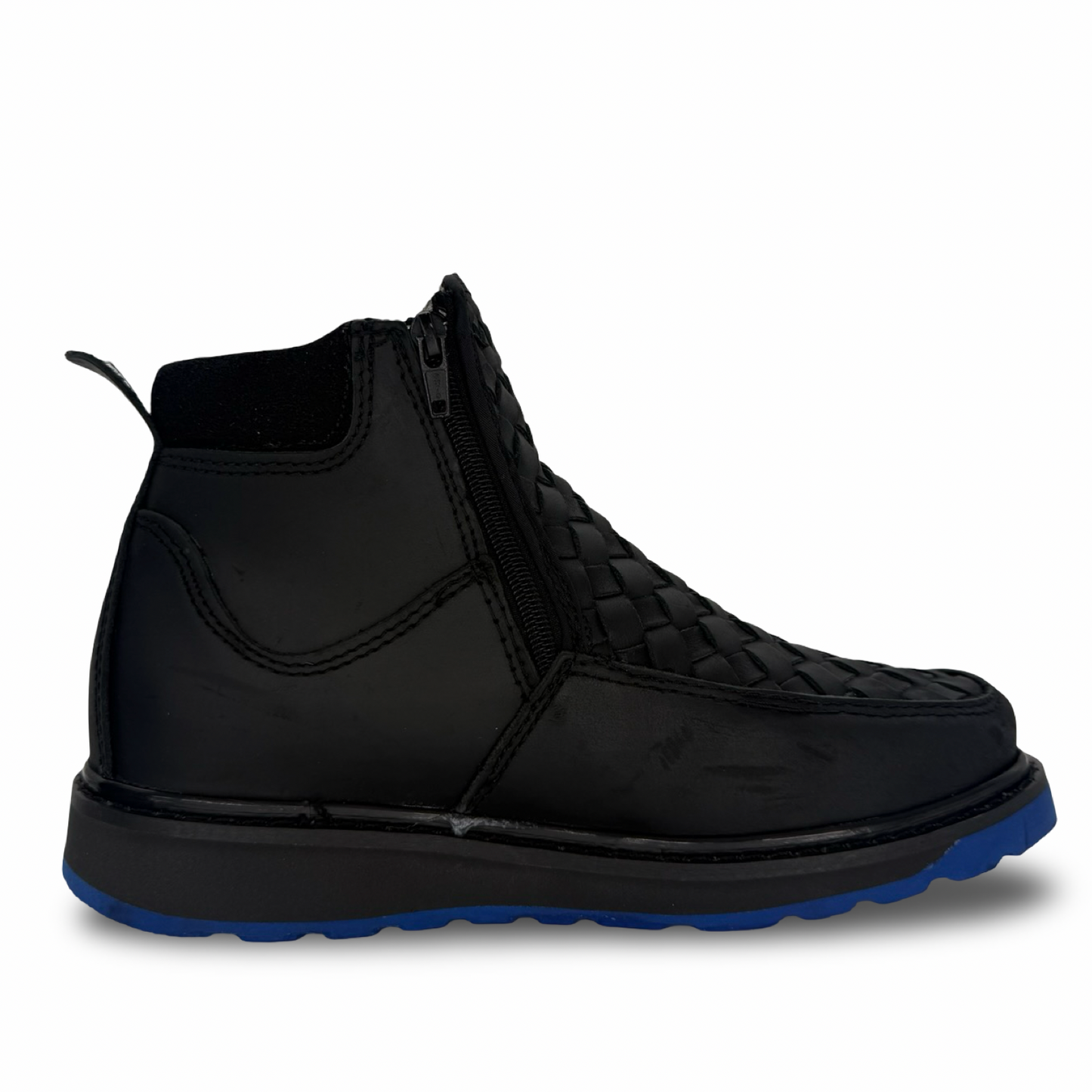 Black Woven Boot with Blue Sole and Double Closure