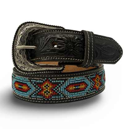 Artisan Tooled Leather Beaded Belt