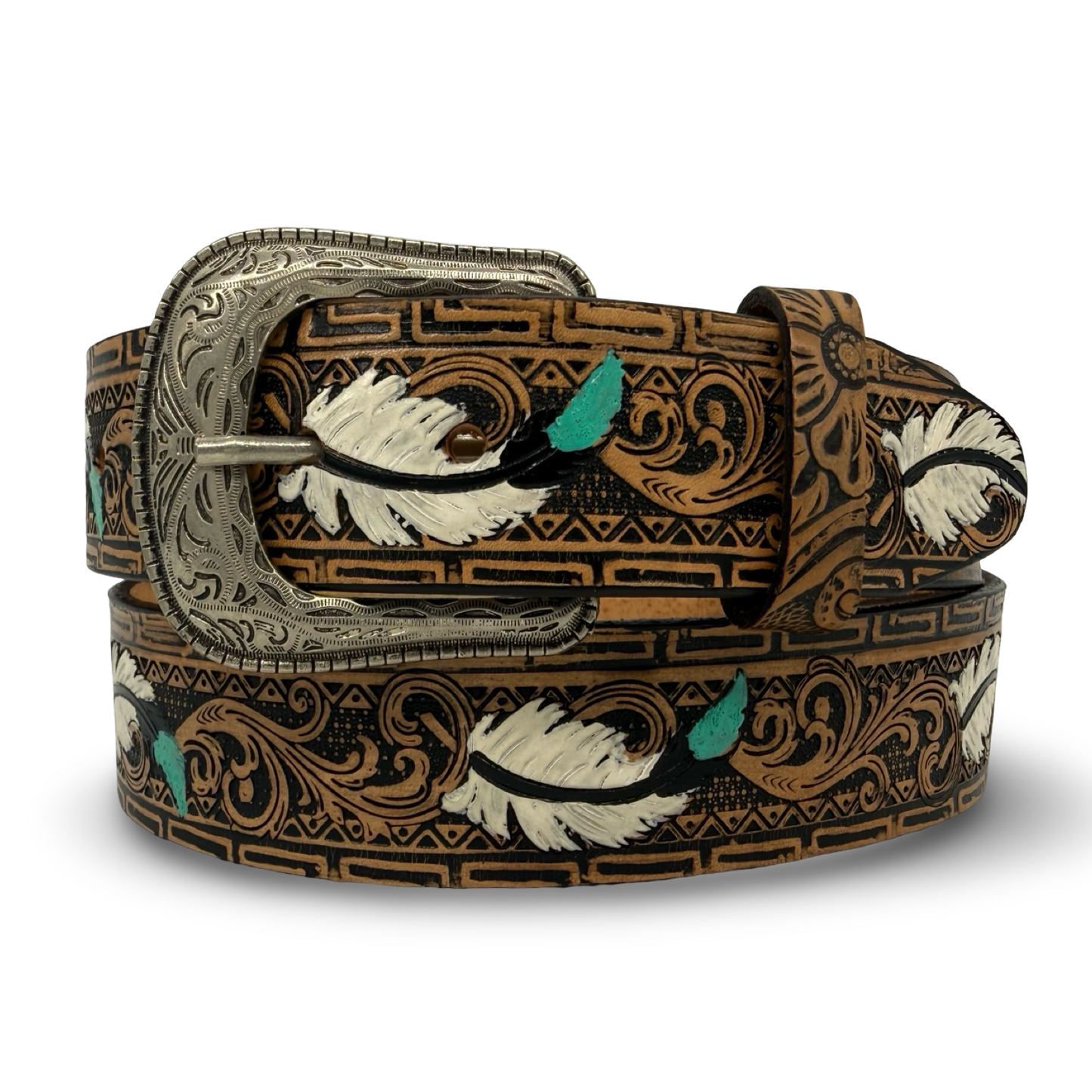 Handcrafted Tooled Belt Feather Detail