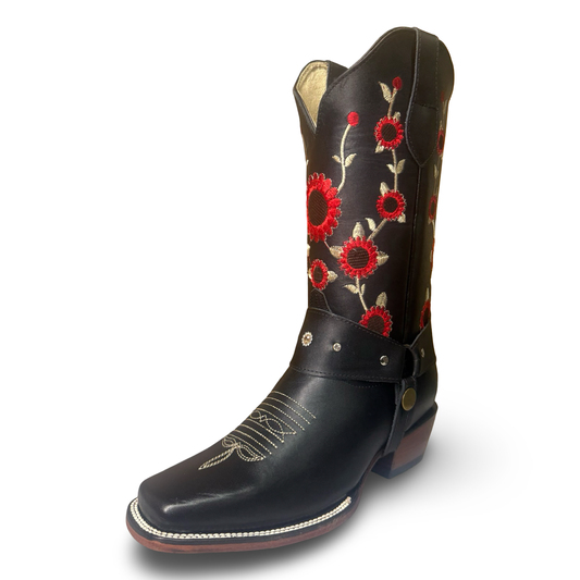 Montesino-Black Boots with Red Floral Embroidery