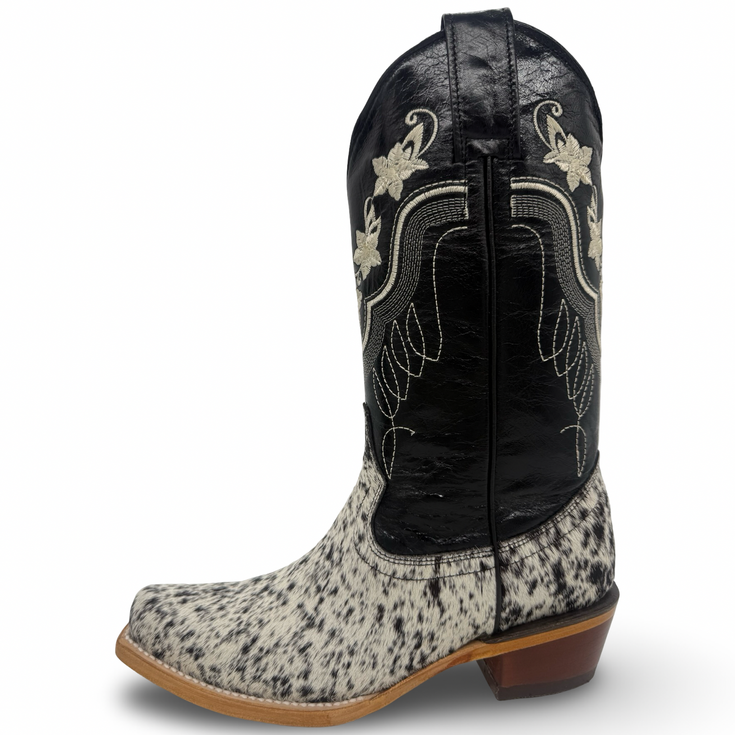 Ladies Cowhide Cowboy Boots with Embroidered Flowers