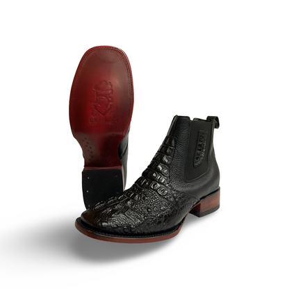 Botines Bulldog Negros en Piel Grabado Cocodrilo