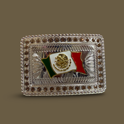 Hebilla Vaquera con Bandera de México Color Plata
