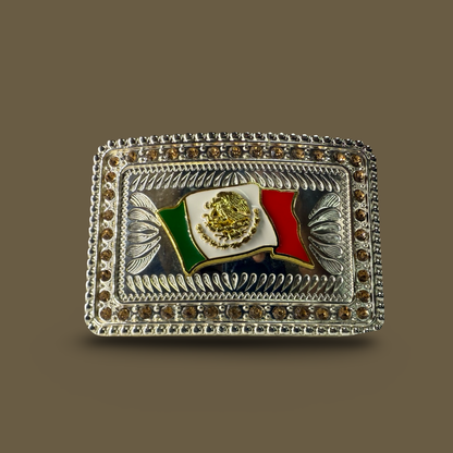 Hebilla Vaquera con Bandera de México Color Plata