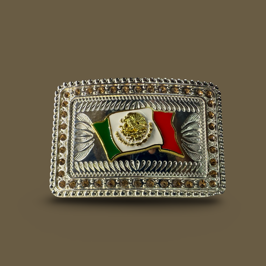Hebilla Vaquera con Bandera de México Color Plata